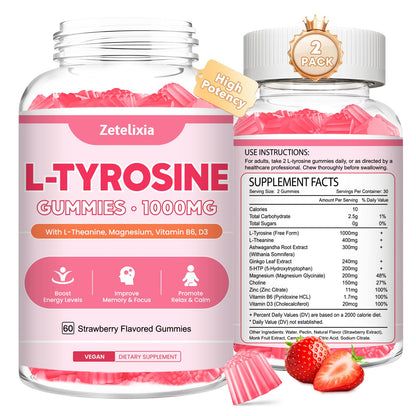 L Tyrosine Gummies 2-Pack – 10-in-1 L-Tyrosine + L-Theanine, B6 & D3 (Strawberry, 120 Ct)