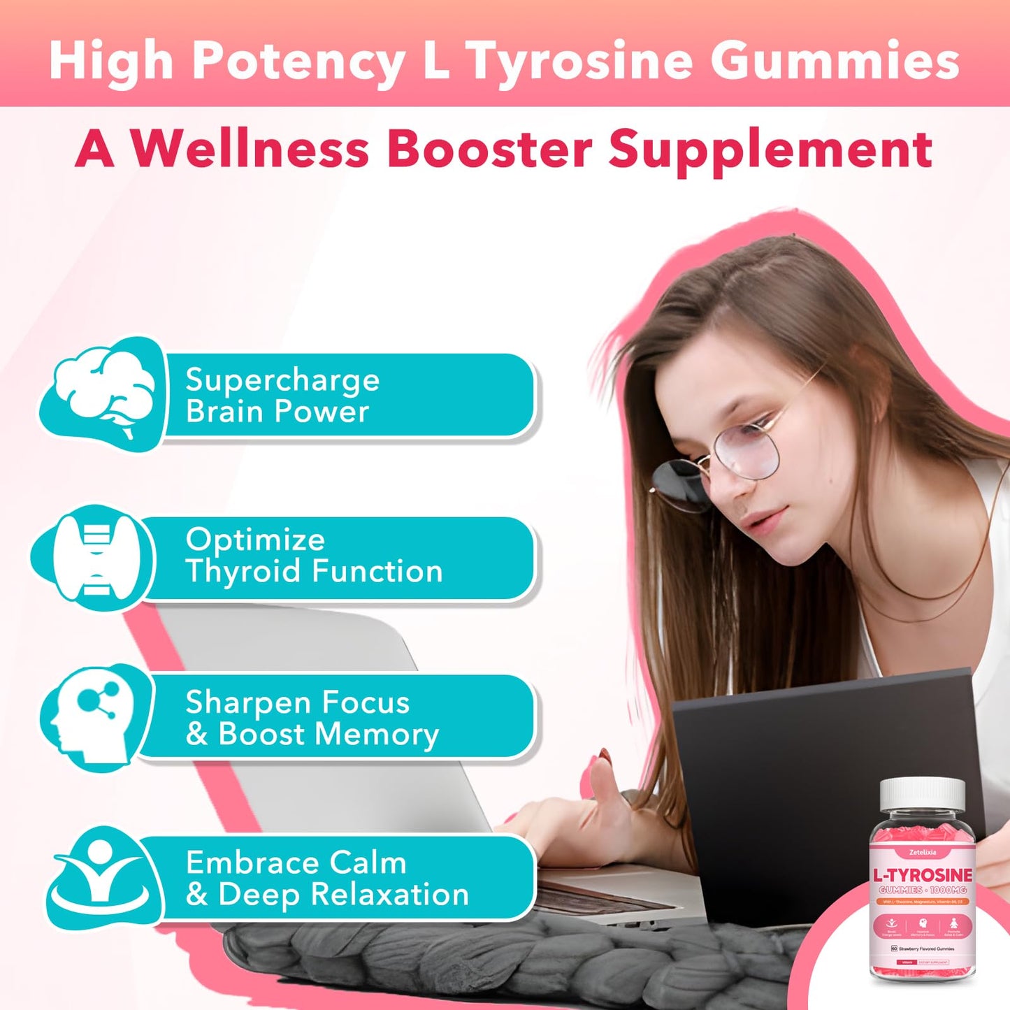 L Tyrosine Gummies 2-Pack – 10-in-1 L-Tyrosine + L-Theanine, B6 & D3 (Strawberry, 120 Ct)