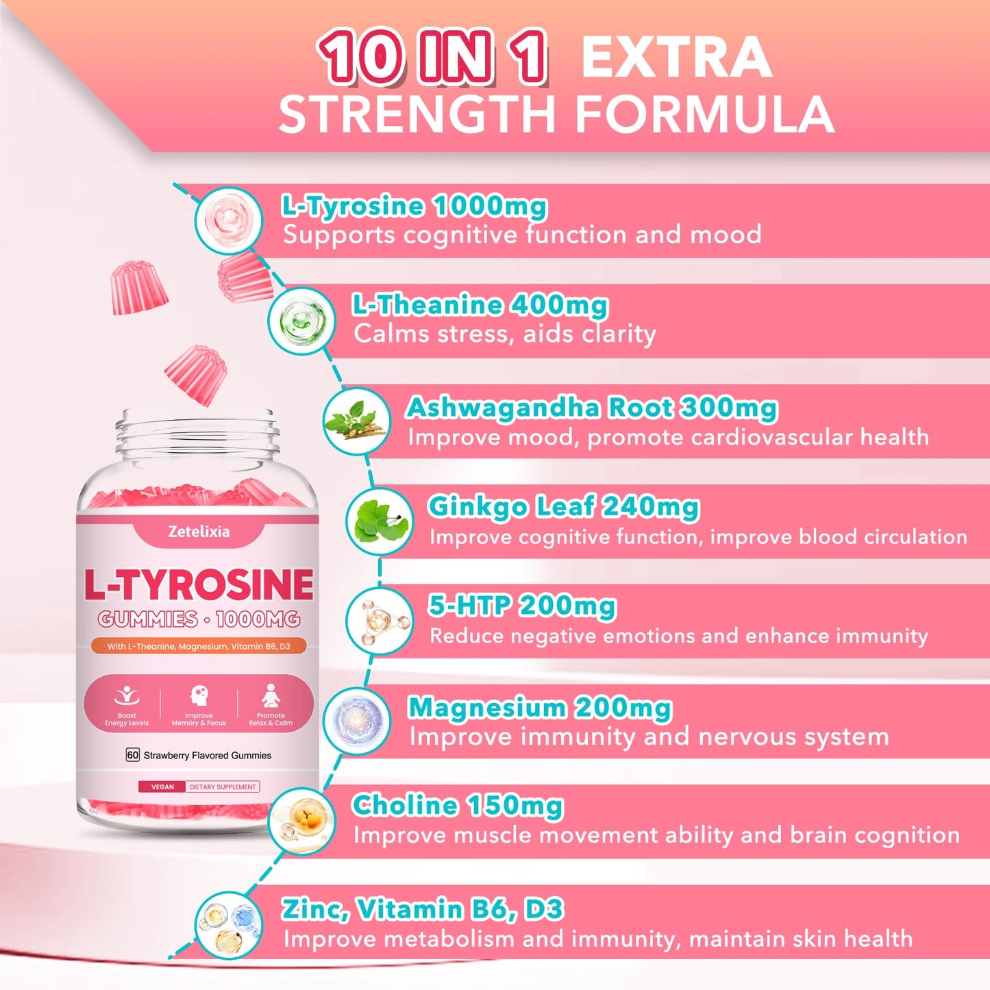 L Tyrosine Gummies 2-Pack – 10-in-1 L-Tyrosine + L-Theanine, B6 & D3 (Strawberry, 120 Ct)