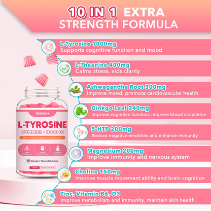 L Tyrosine Gummies 2-Pack – 10-in-1 L-Tyrosine + L-Theanine, B6 & D3 (Strawberry, 120 Ct)
