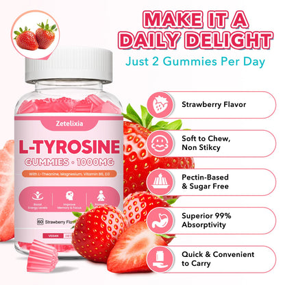 L Tyrosine Gummies 2-Pack – 10-in-1 L-Tyrosine + L-Theanine, B6 & D3 (Strawberry, 120 Ct)