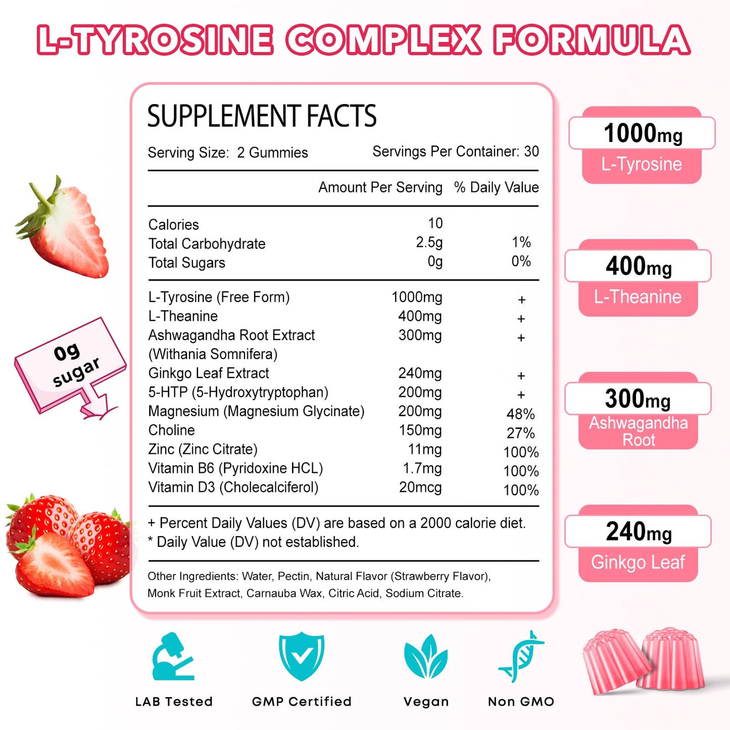 L Tyrosine Gummies 2-Pack – 10-in-1 L-Tyrosine + L-Theanine, B6 & D3 (Strawberry, 120 Ct)