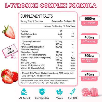 L Tyrosine Gummies 2-Pack – 10-in-1 L-Tyrosine + L-Theanine, B6 & D3 (Strawberry, 120 Ct)