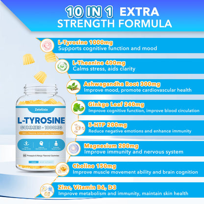 L Tyrosine Gummies 2 Pack - L-Tyrosine + L-Theanine, B6 & D3 - Pineapple Mango 120 Ct