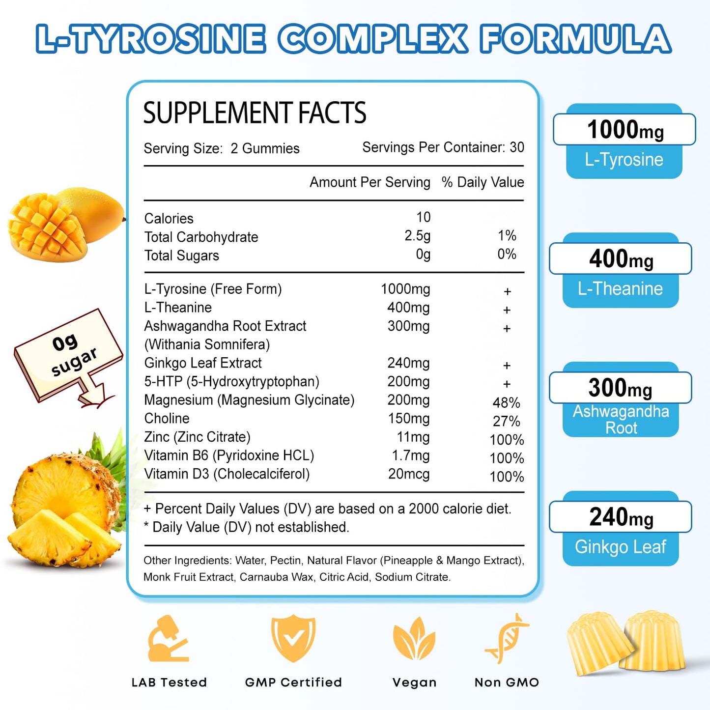 L Tyrosine Gummies 2 Pack - L-Tyrosine + L-Theanine, B6 & D3 - Pineapple Mango 120 Ct