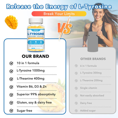 L Tyrosine Gummies 2 Pack - L-Tyrosine + L-Theanine, B6 & D3 - Pineapple Mango 120 Ct