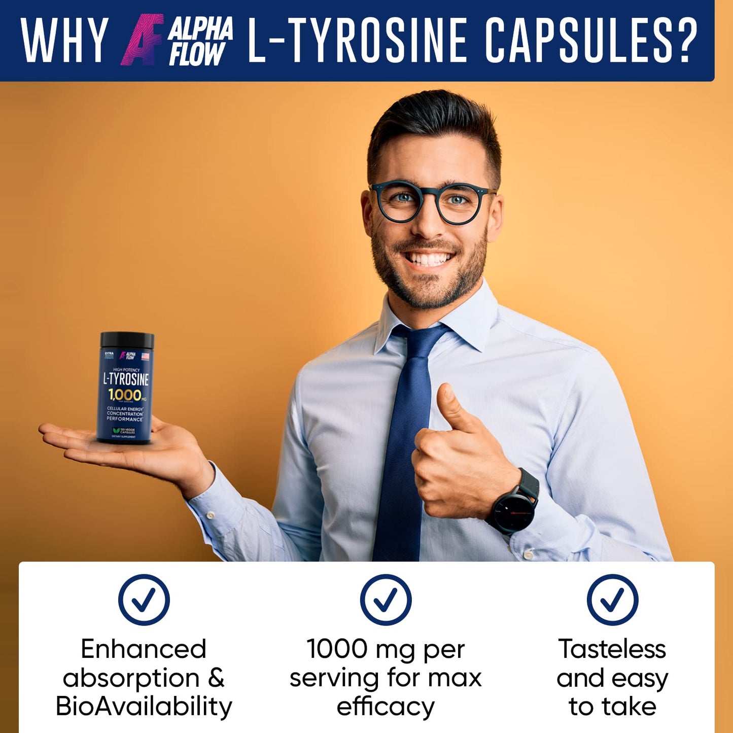 L Tyrosine 1000MG Capsules – Focus & Energy Boost | Non-GMO, Gluten-Free, Vegan, 150 Caps