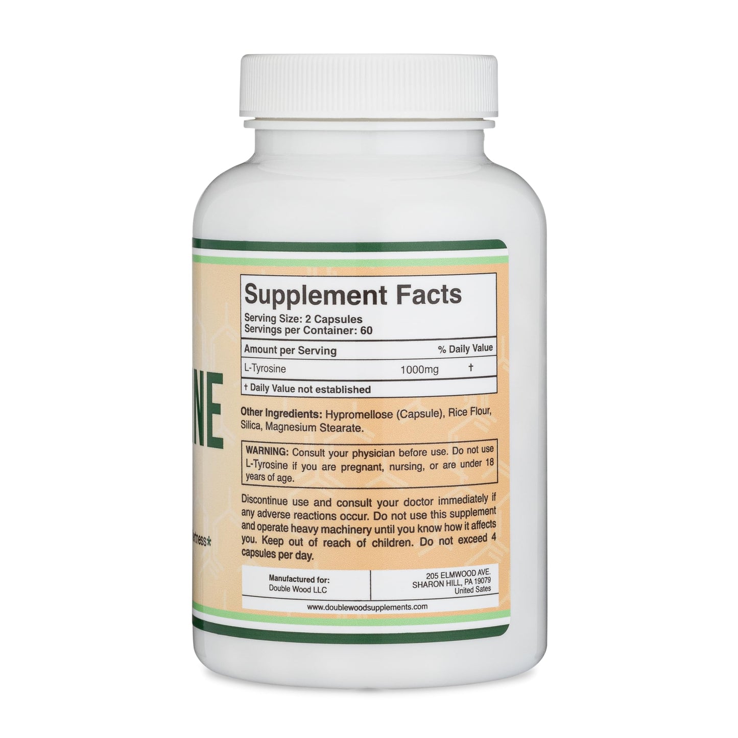L-Tyrosine 1000mg per Serving – 120 Veggie Capsules (2-Pack) | Double Wood