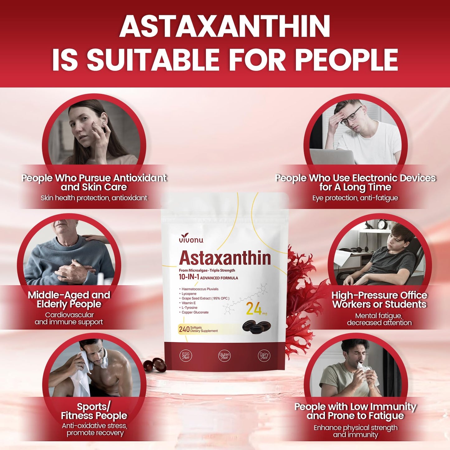 10 in 1 Astaxanthin Supplements 24mg – 4 Month Supply from Haematococcus Pluvialis
