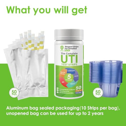 [50 Pack] 5-in-1 UTI Test Strips for Women, Men & Kids – Home Use (50 Cups Included)