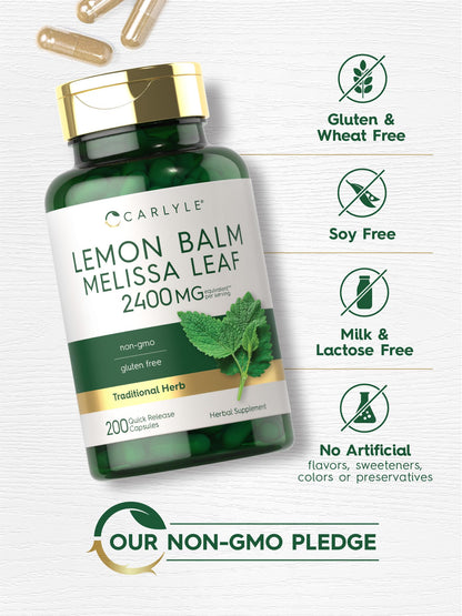 Carlyle Lemon Balm Capsules | 200 Count | Non-GMO and Gluten Free Formula | Melissa Leaf Traditional Herbal Supplement | Super Concentrated Extract