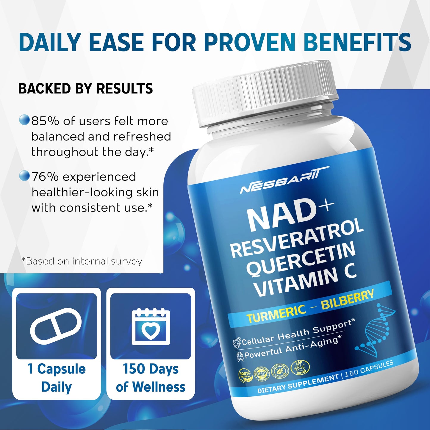 NAD+ Resveratrol Supplement - 10-in-1 Natural Blend with Quercetin, Turmeric, Berberine, Bilberry, Green Tea - 150 Count - Made & Tested in the USA
