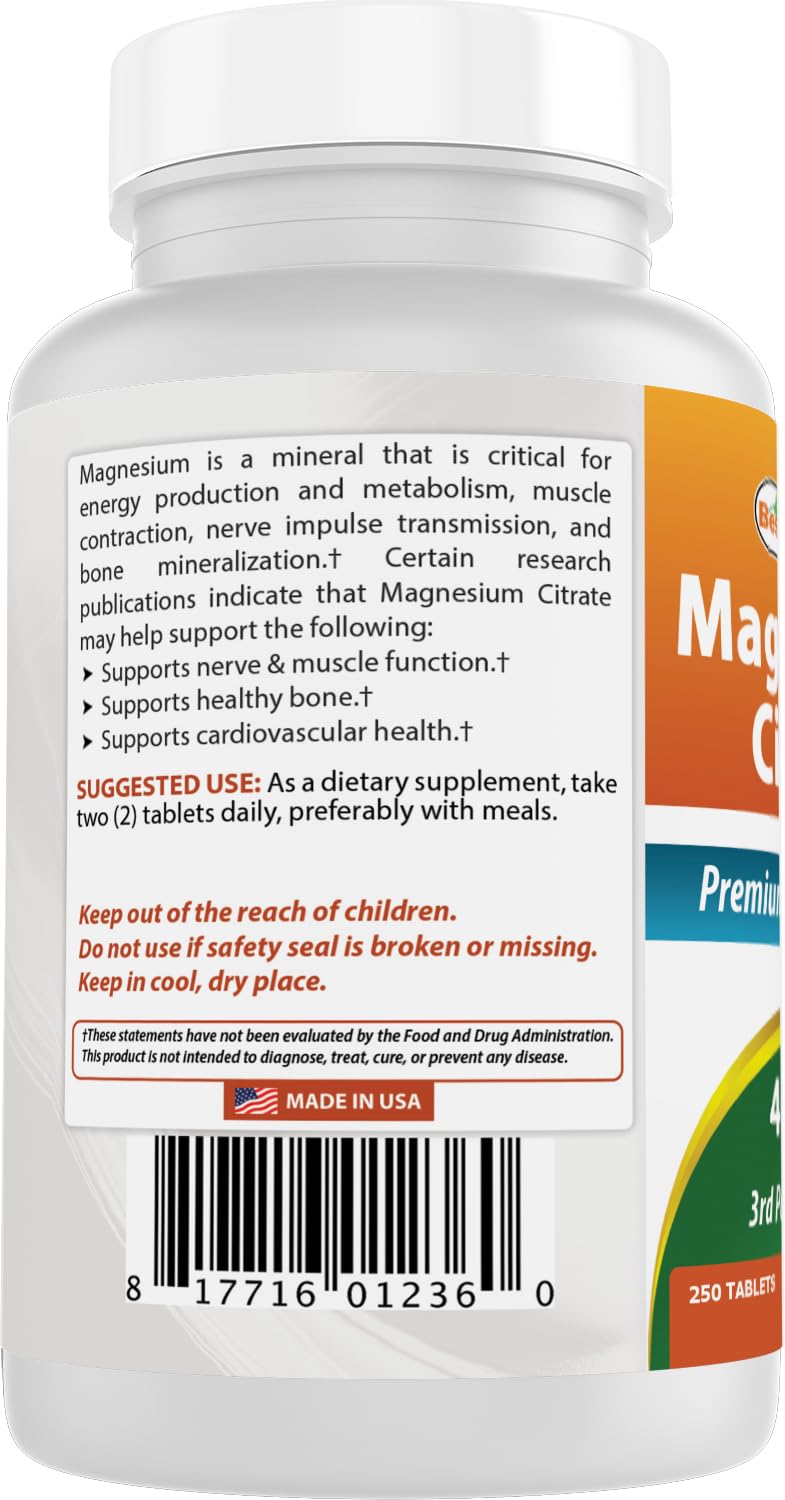 Best Naturals Magnesium Citrate 400 mg - 250 Tablets | Elemental 400 mg per 2 Tablets
