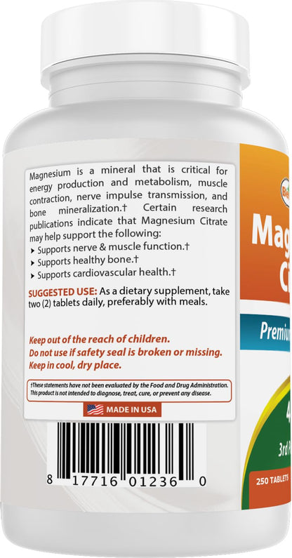 Best Naturals Magnesium Citrate 400 mg - 250 Tablets | Elemental 400 mg per 2 Tablets