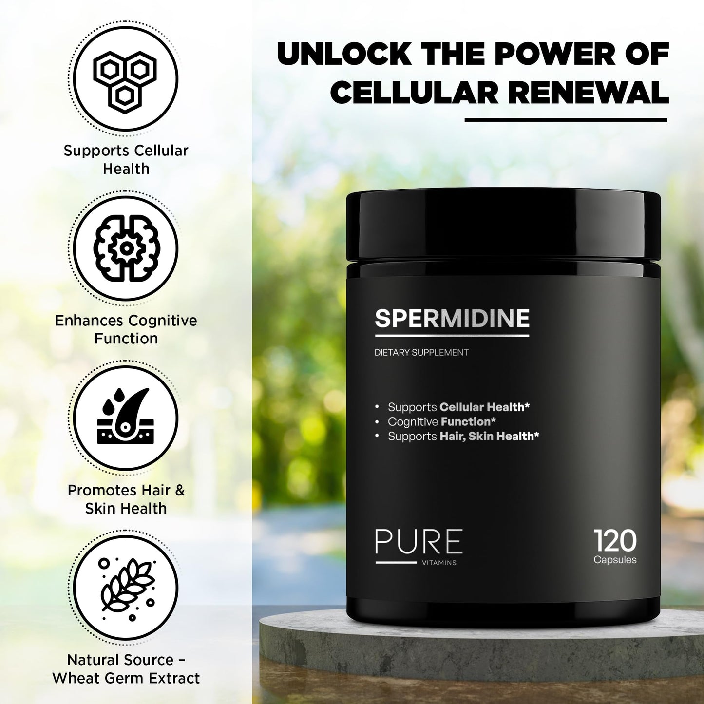 Spermidine Supplement 1000mg – 120 Capsules | Wheat Germ Extract | Cellular Renewal & Cognitive Support | Vegan, Non-GMO, Gluten-Free | Made in USA