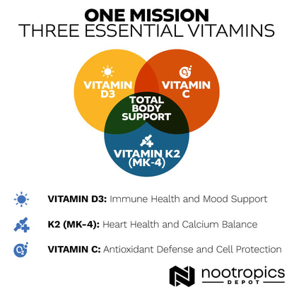 Nootropics Depot Vitamin D3 + K2 with Vitamin C Tablets – 60 Count | Mood & Bone Health