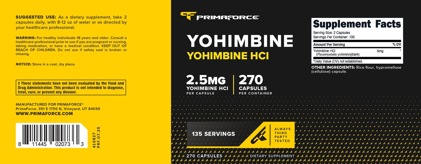 PrimaForce Yohimbine HCl 2.5mg, 270 Capsules - Premium Supplement, Boosts Performance, Zero Fillers, Non-GMO and Gluten Free