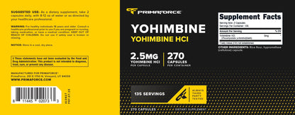 PrimaForce Yohimbine HCl 2.5mg, 270 Capsules - Premium Supplement, Boosts Performance, Zero Fillers, Non-GMO and Gluten Free