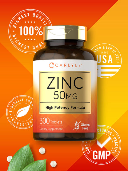 Carlyle Zinc 50mg – 300 Tablets | Vegetarian, Non-GMO, Gluten Free | Zinc Gluconate | High Potency