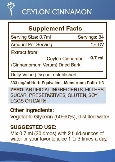 Secrets of the Tribe Ceylon Cinnamon Tincture Alcohol-Free Liquid Extract, Ceylon Cinnamon (Cinnamomum Verum) Dried Bark (2 FL OZ)