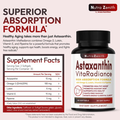 Astaxanthin Supplement with Omega-3, Vitamin E & Lutein – 60 Capsules | Antioxidant Support & Energy