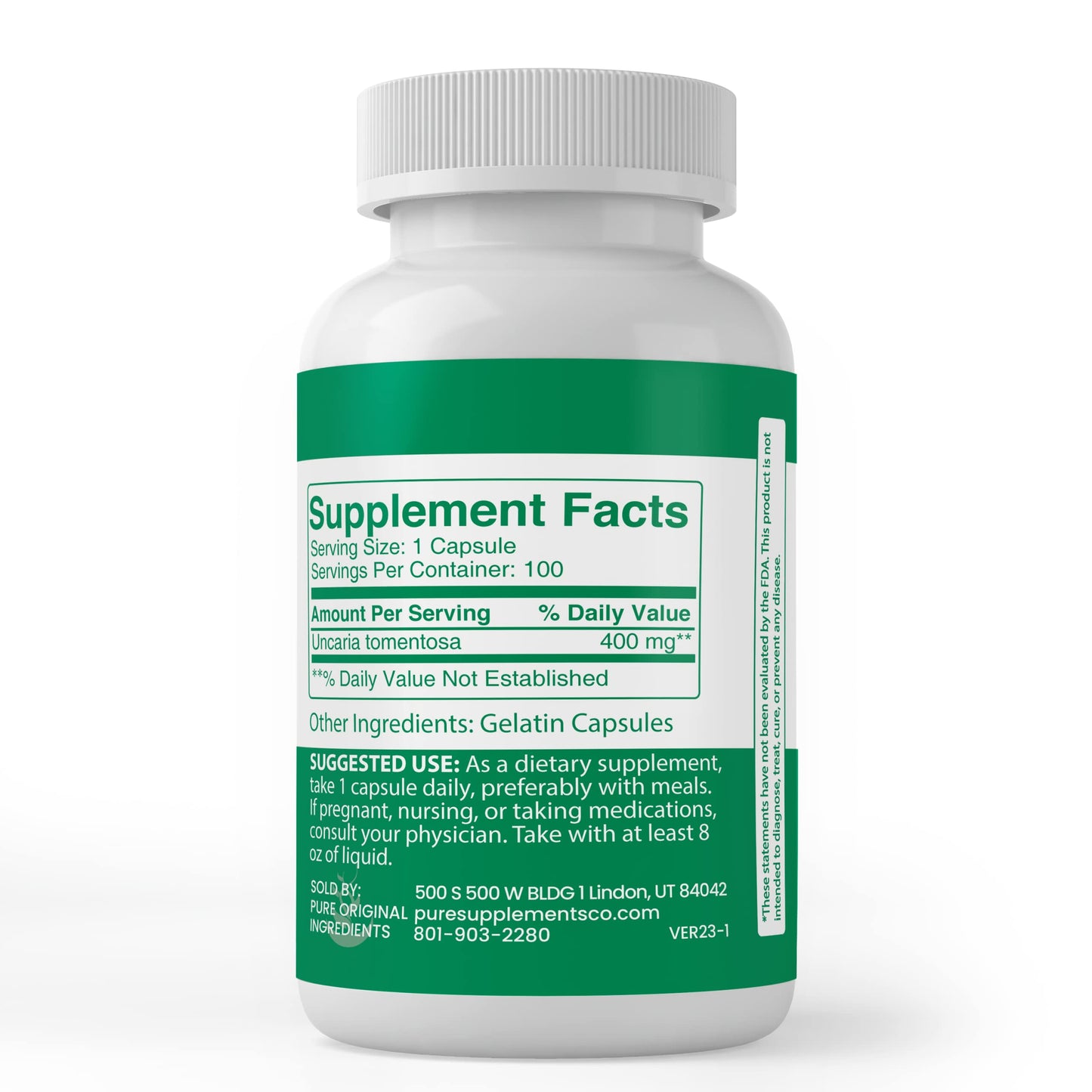 Pure Cat's Claw Bark Capsules – 100 Count, Additive-Free & Lab Verified