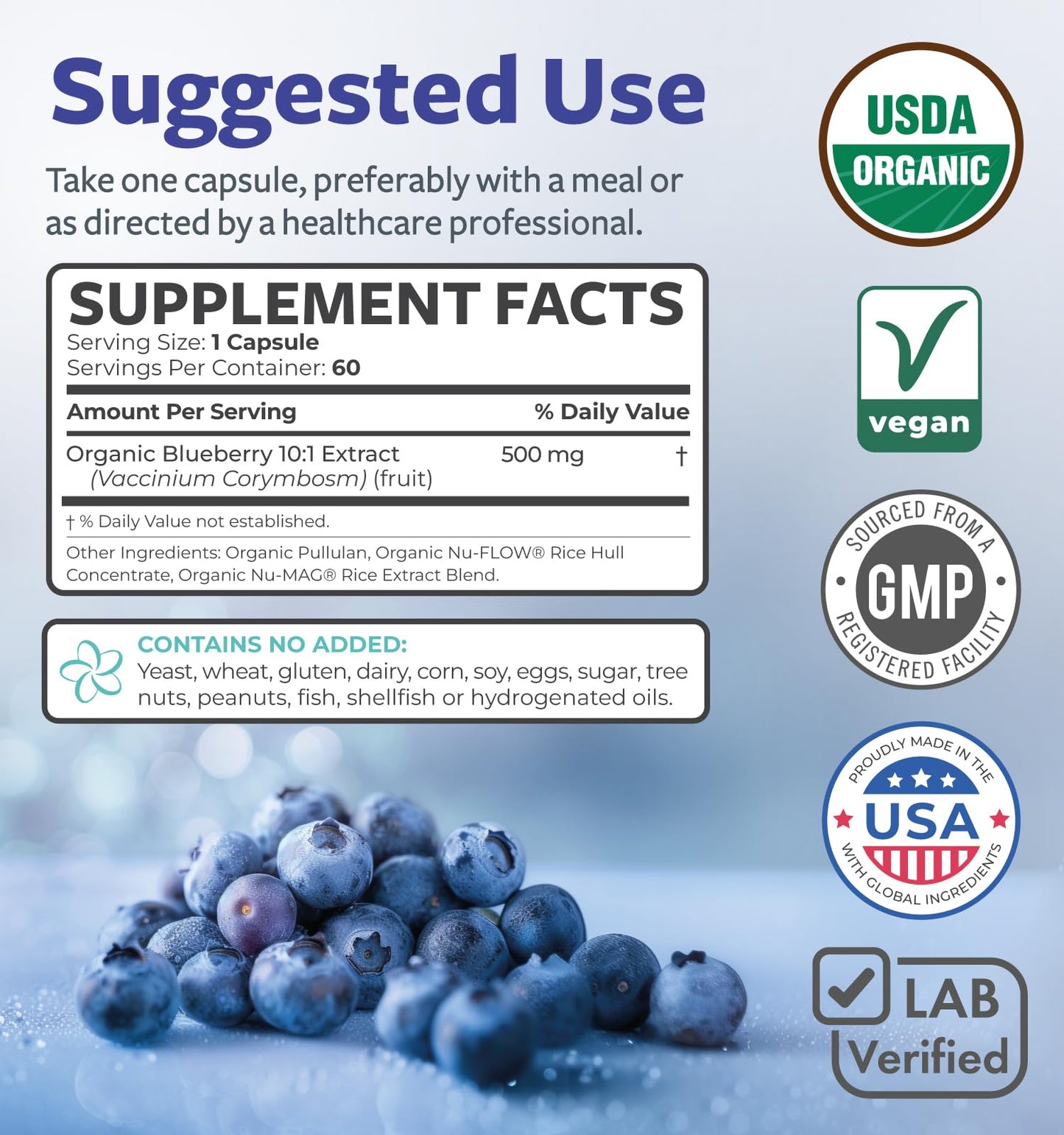 Certified Organic Blueberry Extract Capsules - 10:1 Potency, 2 Month Supply | Vegan, Non-GMO
