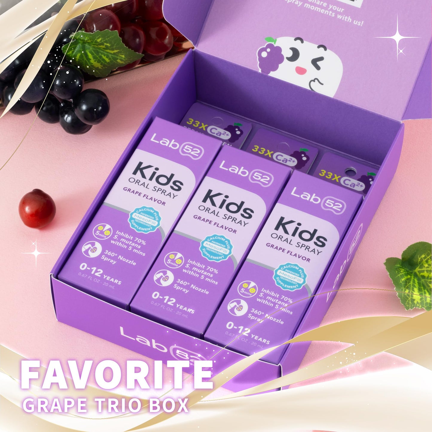 LAB52 Kids Oral Spray Gift Box – Fluoride Free, Xylitol Grape (3 Packs)