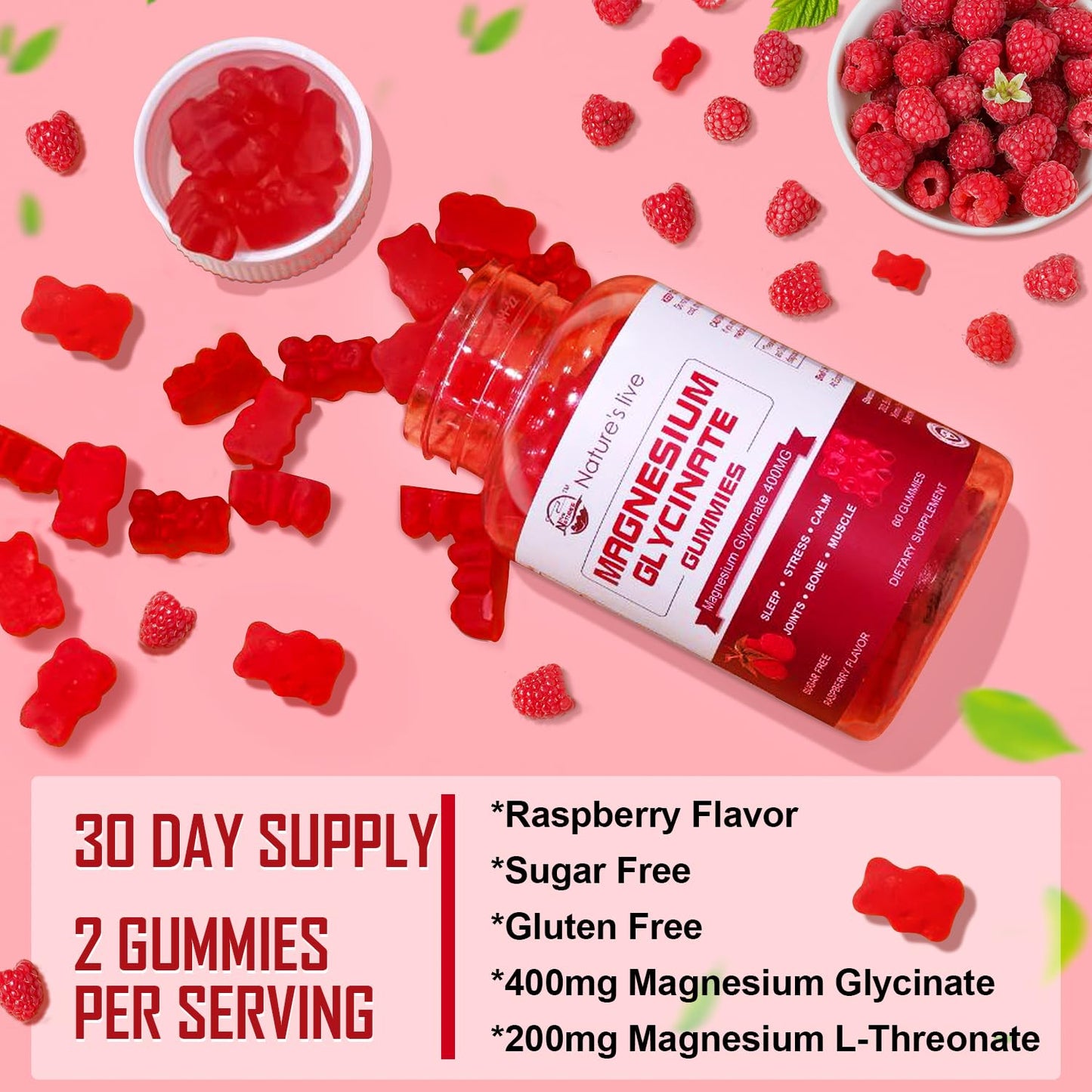 Magnesium Glycinate Gummies 400mg + L-Threonate 200mg – Potassium Magnesium Calm Mood & Sleep Gummies, 2 Pack, Raspberry