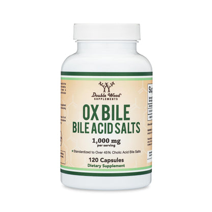 Ox Bile Supplement for No Gallbladder – 1,000mg Per Serving, 500mg per Capsule, 120 Capsules – 45% Cholic Acid Bile Salts | Double Wood