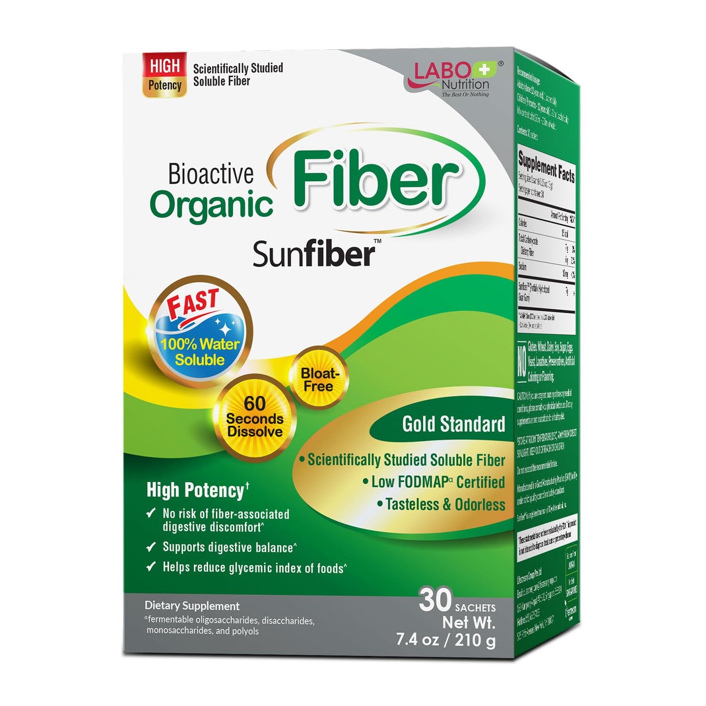LABO Nutrition Bioactive Organic Fiber – Sunfiber PHGG Prebiotic Fiber for Digestive Health, 30 Sachets