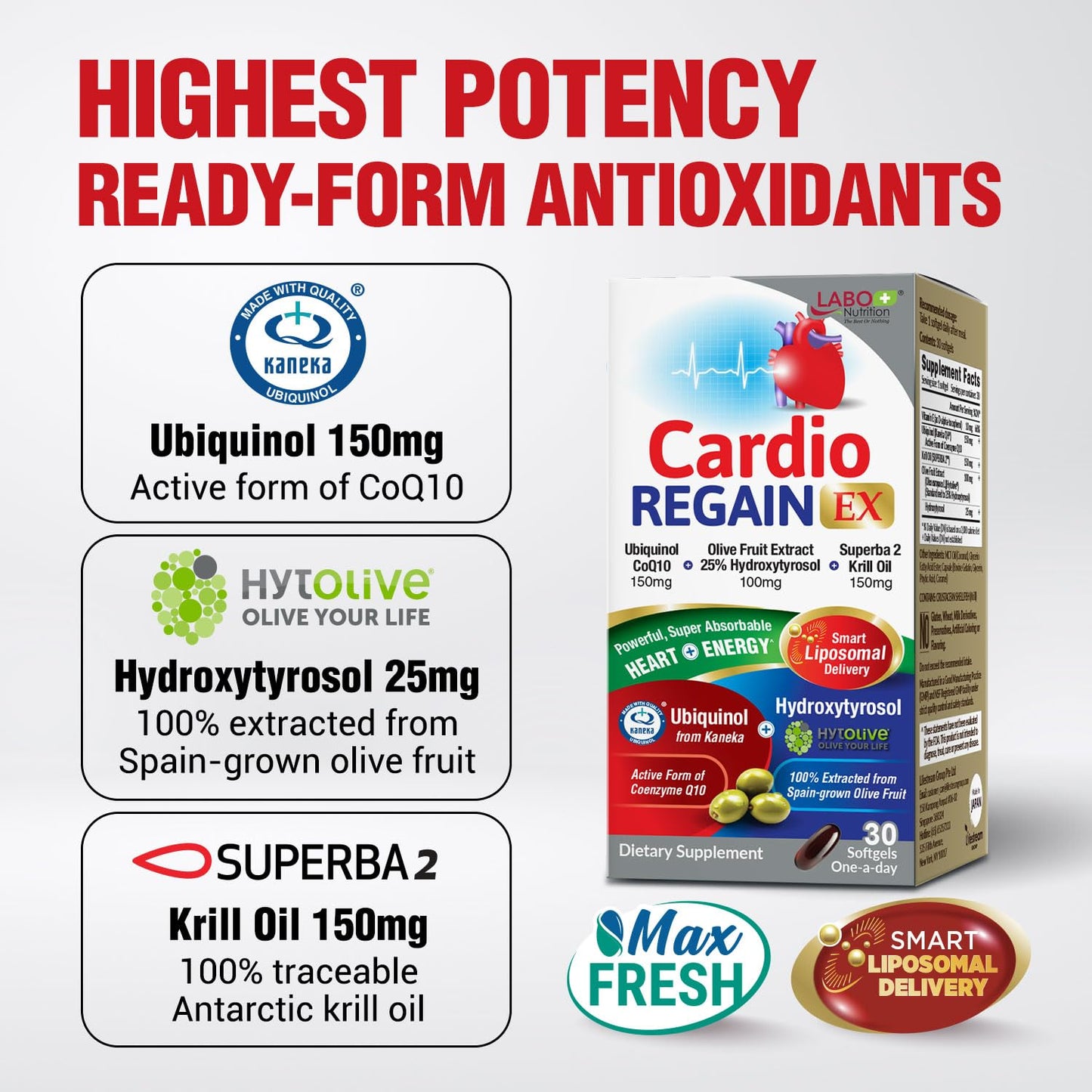 LABO Nutrition CardioREGAIN EX – Ubiquinol CoQ10 150mg, Olive Fruit Extract & Krill Oil for Heart Health | Non-GMO, Soy-Free
