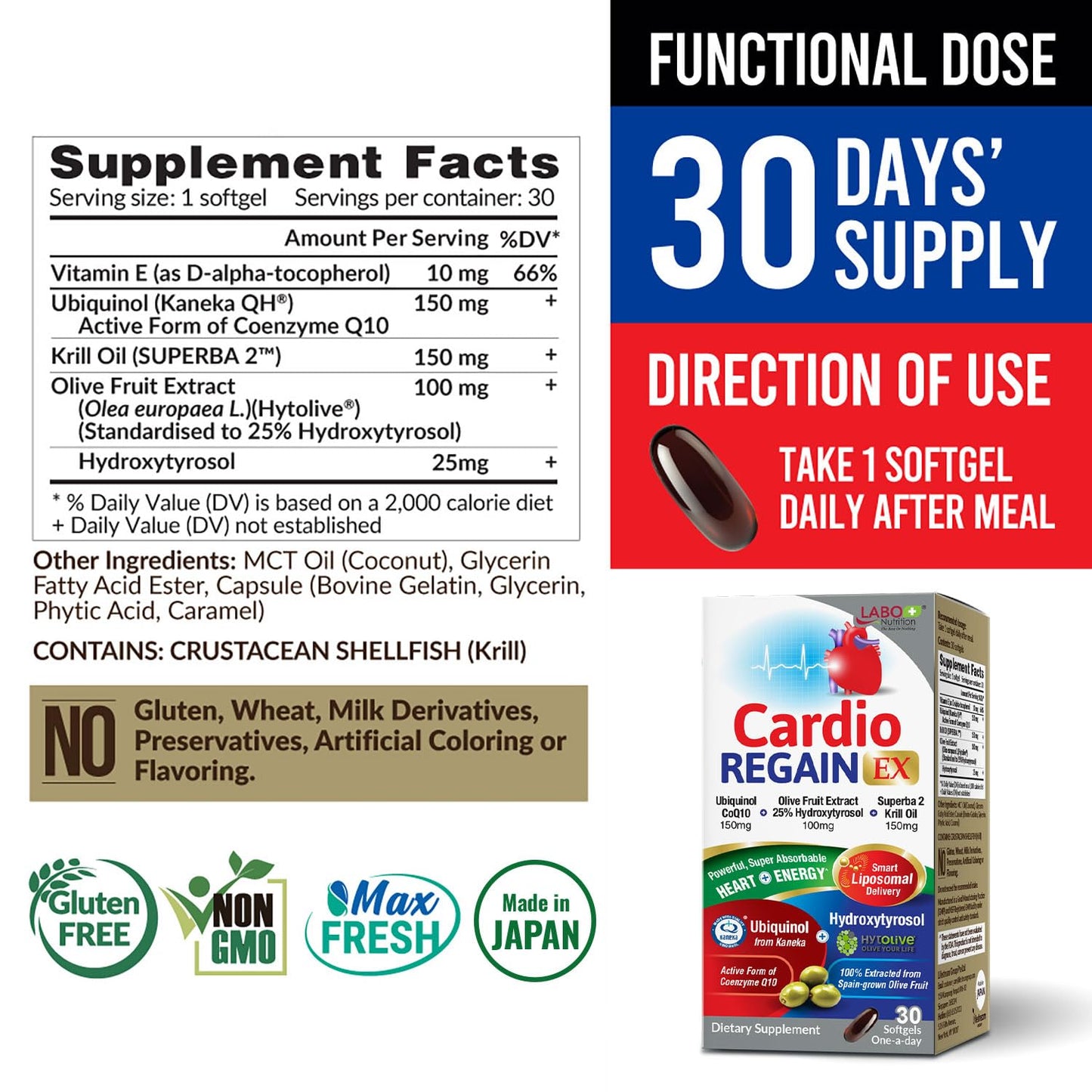 LABO Nutrition CardioREGAIN EX – Ubiquinol CoQ10 150mg, Olive Fruit Extract & Krill Oil for Heart Health | Non-GMO, Soy-Free