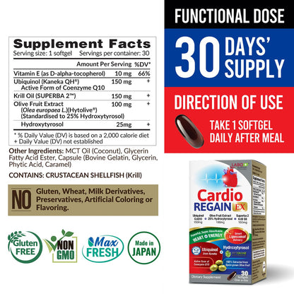 LABO Nutrition CardioREGAIN EX – Ubiquinol CoQ10 150mg, Olive Fruit Extract & Krill Oil for Heart Health | Non-GMO, Soy-Free