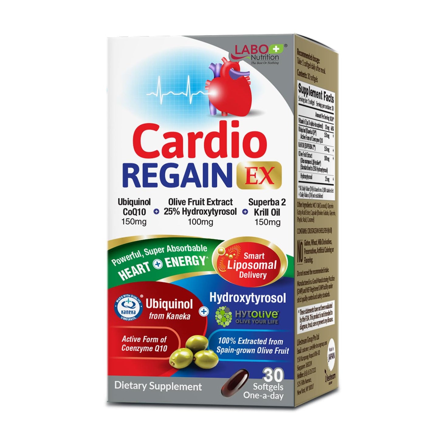 LABO Nutrition CardioREGAIN EX – Ubiquinol CoQ10 150mg, Olive Fruit Extract & Krill Oil for Heart Health | Non-GMO, Soy-Free