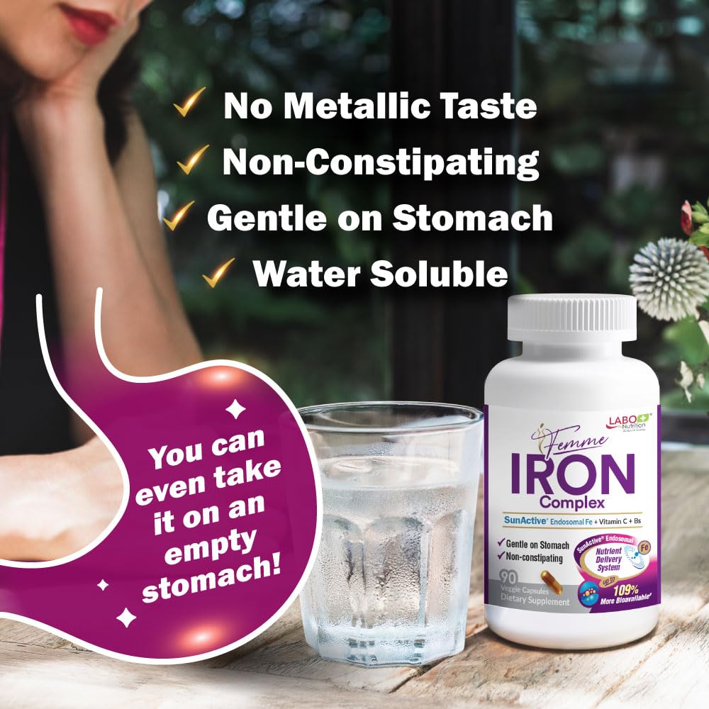 LABO Nutrition Femme Iron Endosomal SunActive – Gentle 15mg Vegan Iron Supplement for Blood Builder (90 Count)