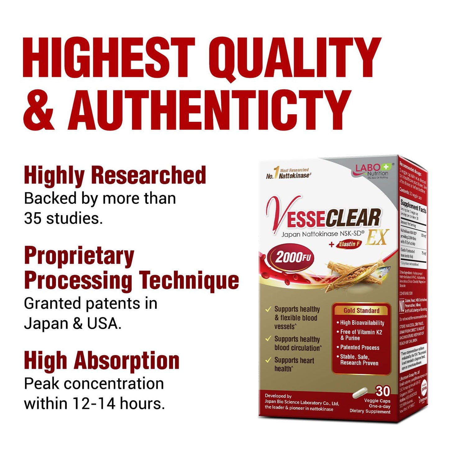 LABO Nutrition VesseCLEAR EX: Nattokinase NSK-SD + Elastin F for Clean & Flexible Blood Vessels — 90 Capsules