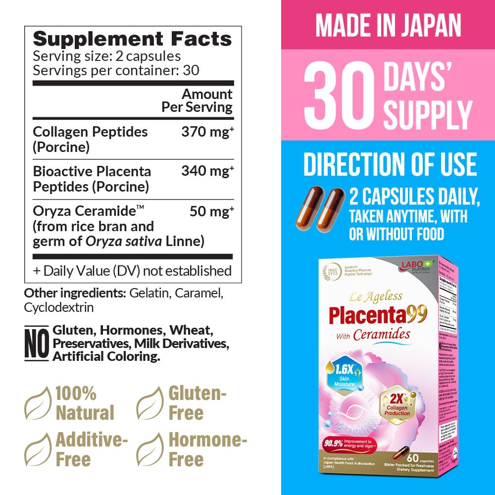 LABO Nutrition Le Ageless Placenta 99 with Ceramides - Placenta Supplement, 60 Capsules
