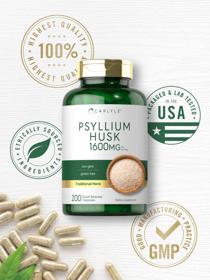 Carlyle Psyllium Husk Capsules 1600mg – 200 Count | High Potency Fiber