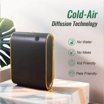 Lacidoll Waterless Essential Oil Diffuser — 350ml, 1500 sq ft, App-Controlled (Black & Gold)