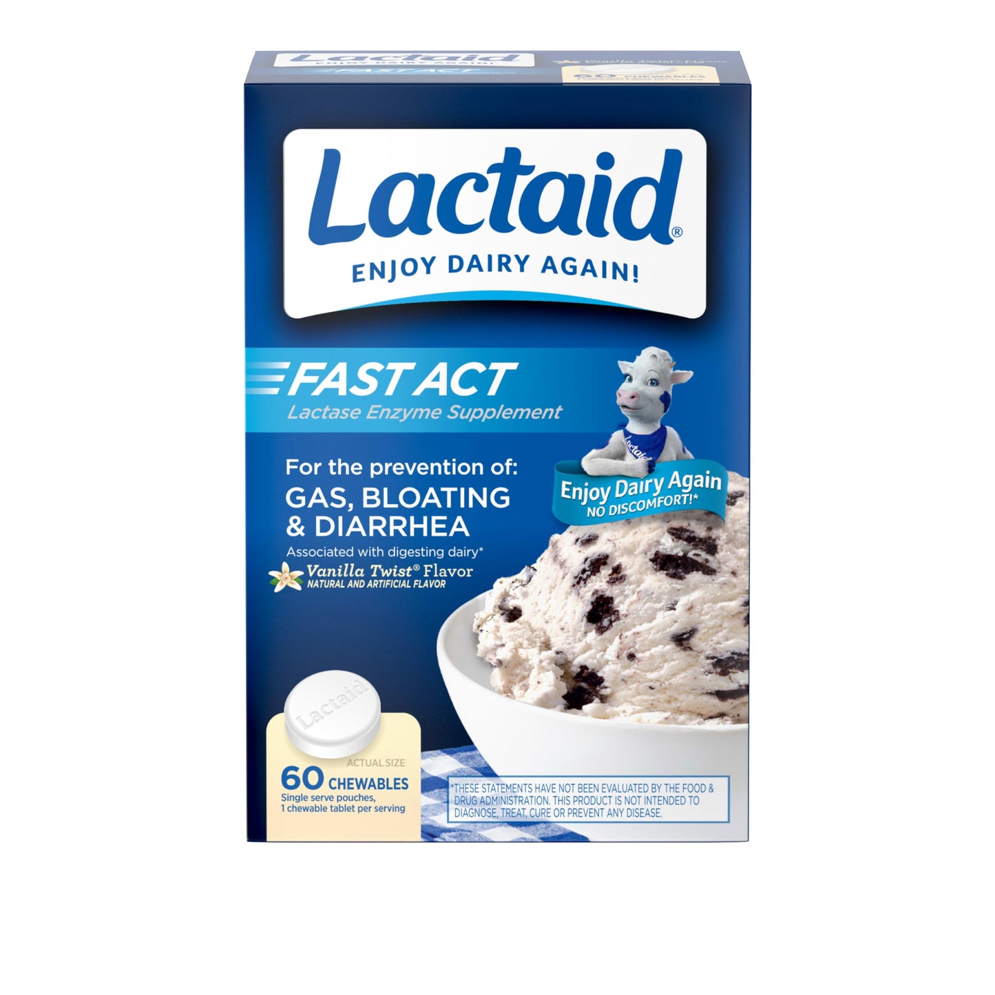 Lactaid Fast Act Vanilla Twist Chewables — Lactase Enzyme for Lactose Intolerance, 60 Count