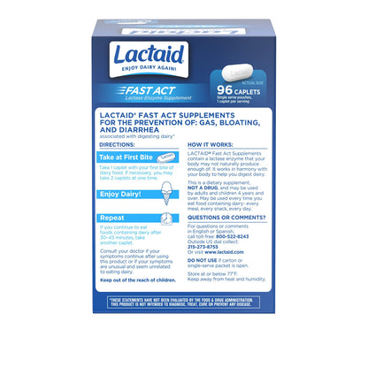 Lactaid Fast Act Lactose Intolerance Caplets with Lactase Enzyme – 96 Travel Packs