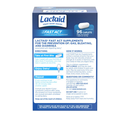 Lactaid Fast Act Lactose Intolerance Caplets with Lactase Enzyme – 96 Travel Packs