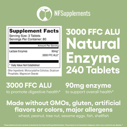 Lactase Supplement 240 Tablets - Gluten Free, Non-GMO, Vegan | 3000 FCC, 90 mg Enzyme