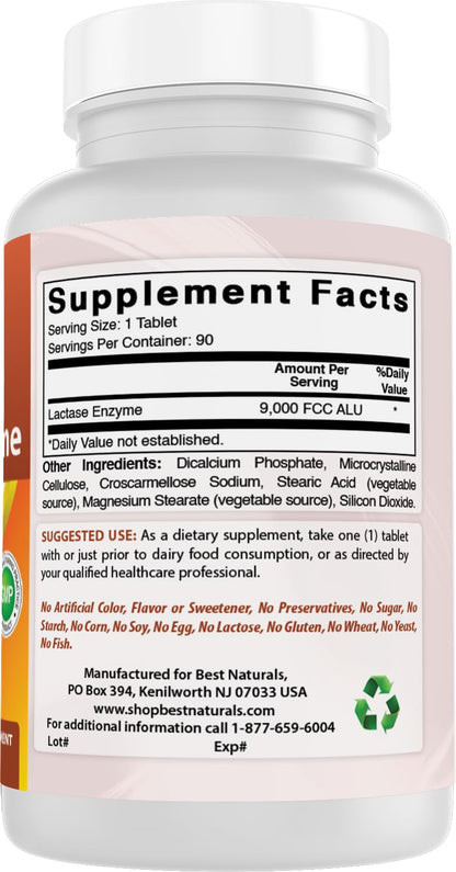 Best Naturals Lactase Enzyme Tablets for Lactose Intolerance - 9000 FCC ALU, 90 Count