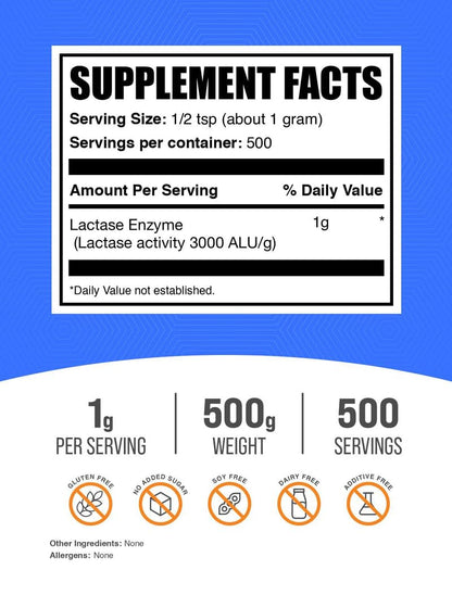 Lactase Enzyme Powder 3000 ALU (500 g) – Gluten Free Digestive Support | BulkSupplements