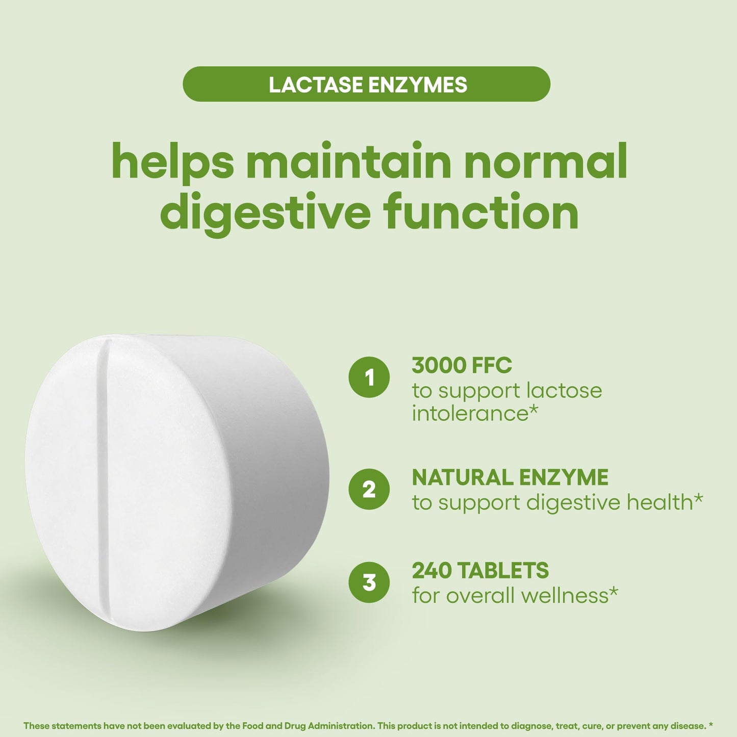 Lactase Supplement 240 Tablets - Gluten Free, Non-GMO, Vegan | 3000 FCC, 90 mg Enzyme