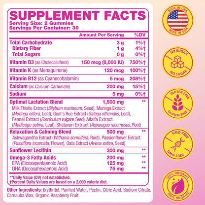 Lactation Gummies - Postpartum Support, Milk Thistle, Ashwagandha & Omega-3 | Sugar Free, Vegan, 60 Count