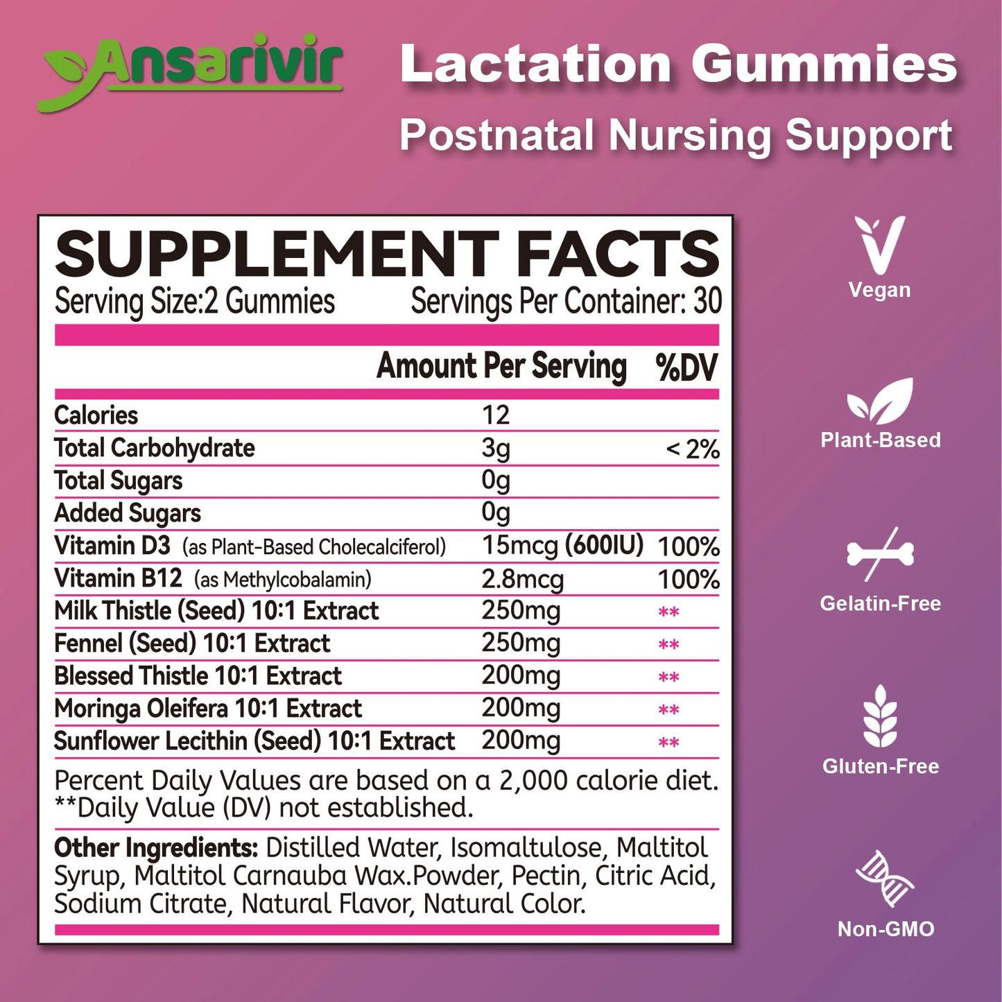 Lactation Gummies – Moringa, Fennel, Milk Thistle, D3 & B12 – 60 Gummies for Breastfeeding & Milk Supply