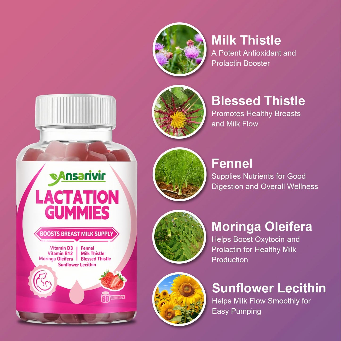 Lactation Gummies – Moringa, Fennel, Milk Thistle, D3 & B12 – 60 Gummies for Breastfeeding & Milk Supply